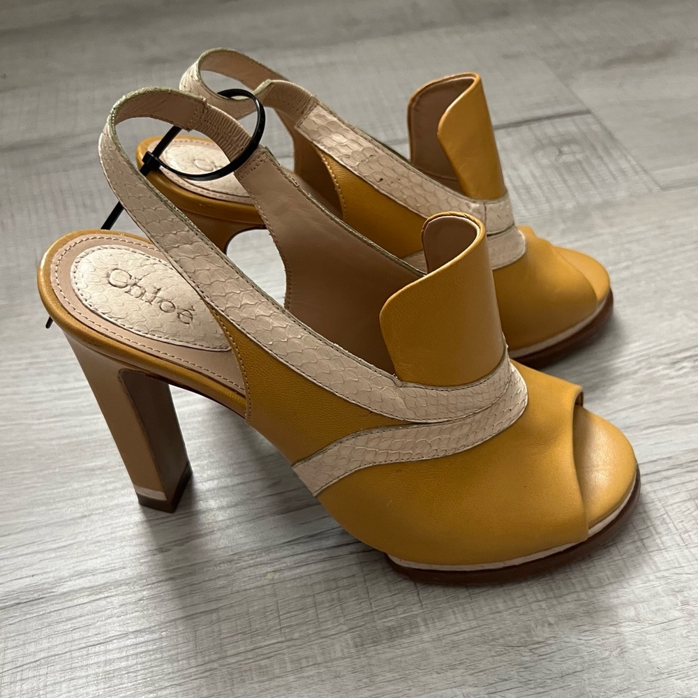 CHLOE Snakeskin Embossed And Leather Slingback Heeled Sandals 37 Mustard Cream - Picture 4 of 16